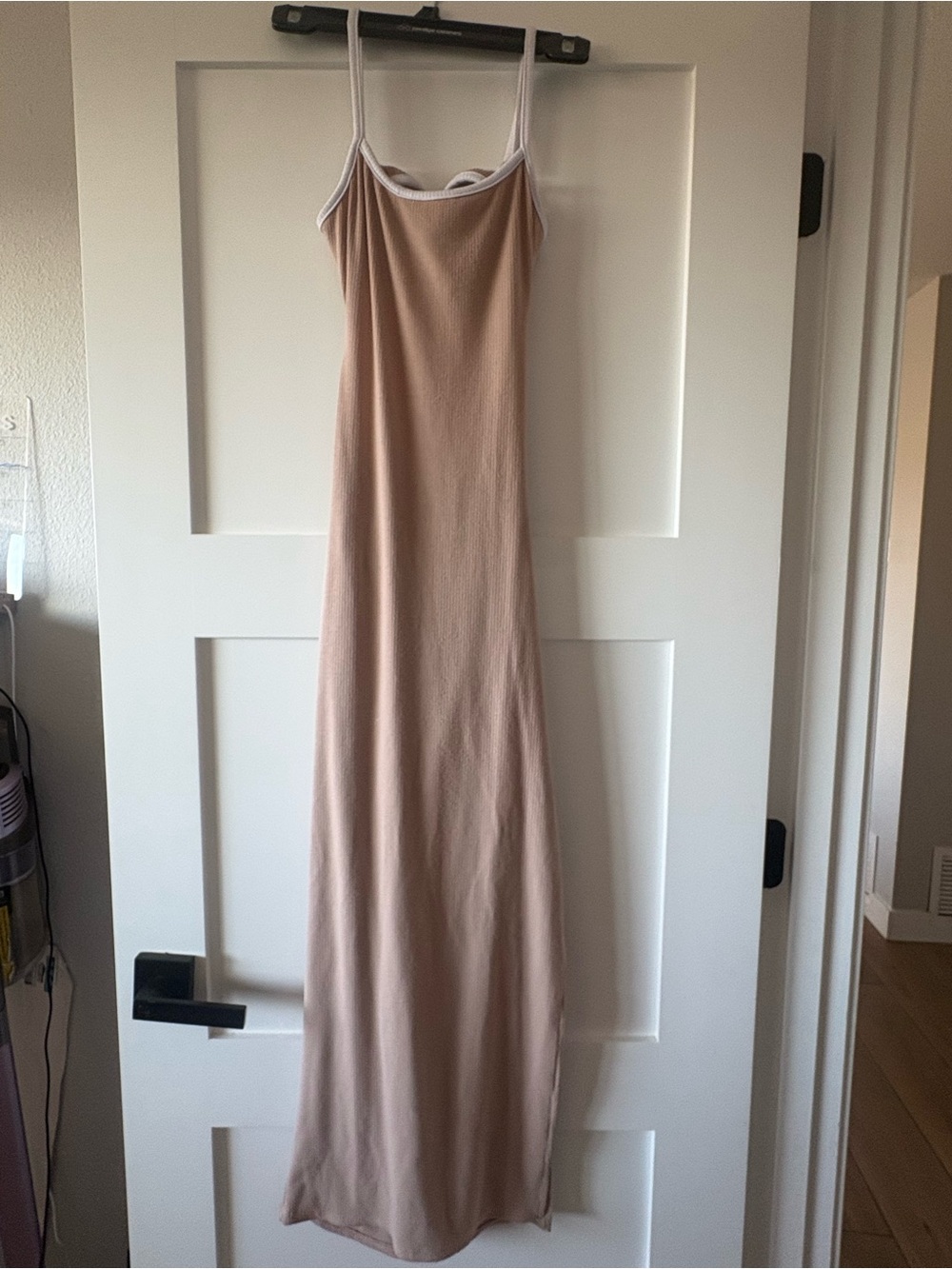 Lulu's Beige Maxi Slip Dress with White Trim